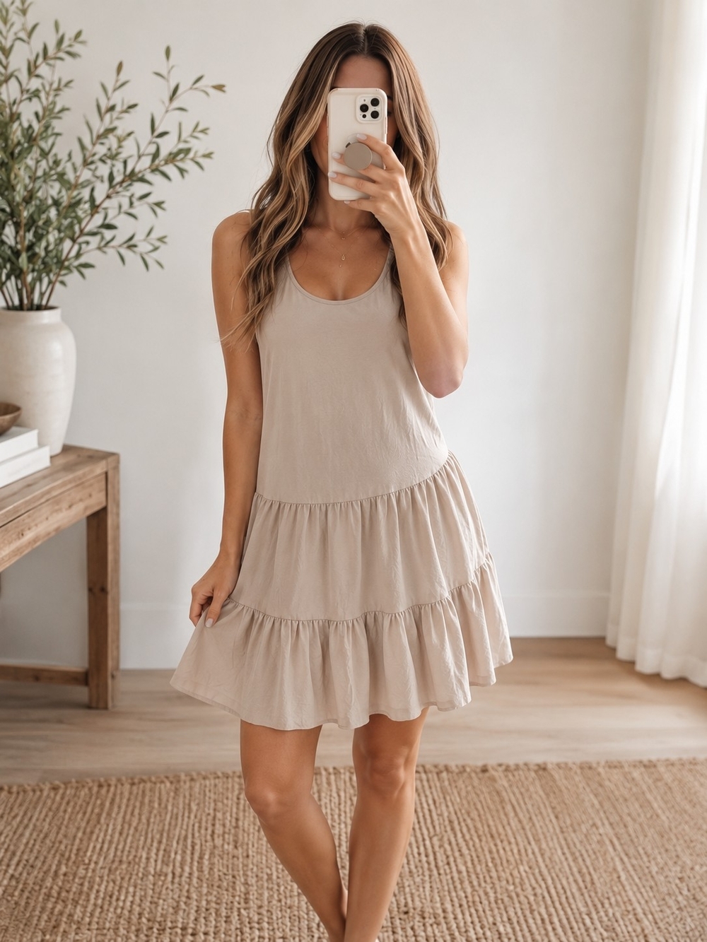 L'AGENCE Beige Tiered Sleeveless Mini Dress